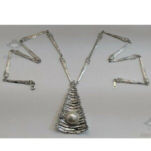 TASAKI Japan Solid Sterling Silver 17mm Gray Mabe Pearl Brutalist Runway Necklac